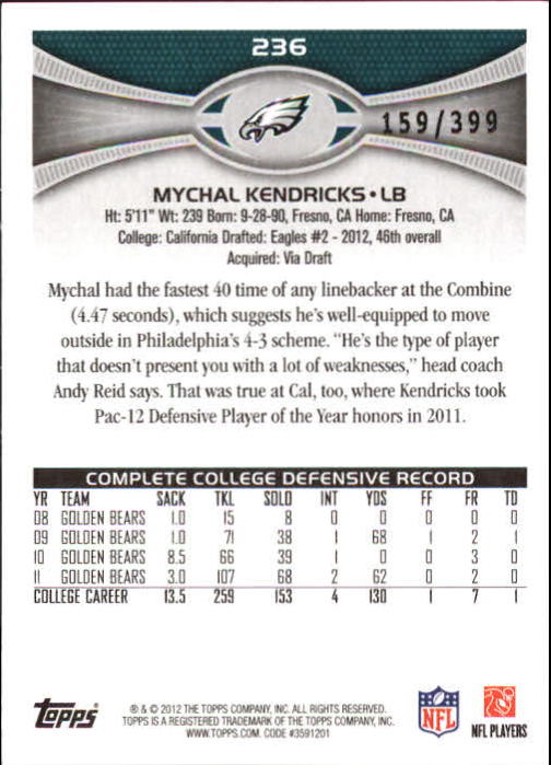 2012 Topps Pink #236 Mychal Kendricks back image