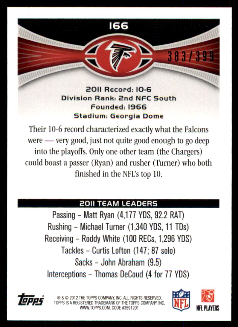 2012 Topps Camo #166 Atlanta Falcons/Matt Ryan/Roddy White back image