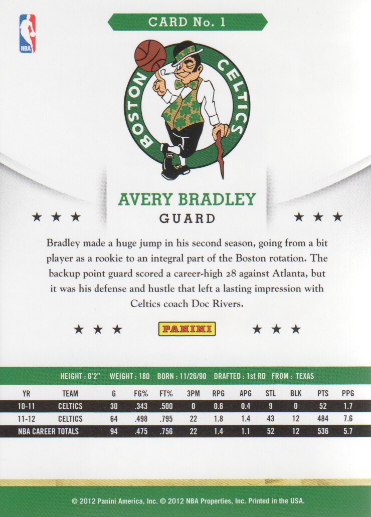 2012-13 Hoops #1 Avery Bradley back image