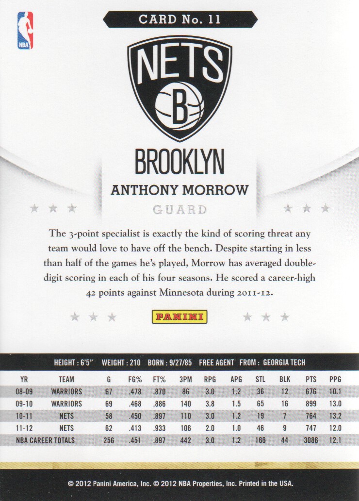 2012-13 Hoops #11 Anthony Morrow back image