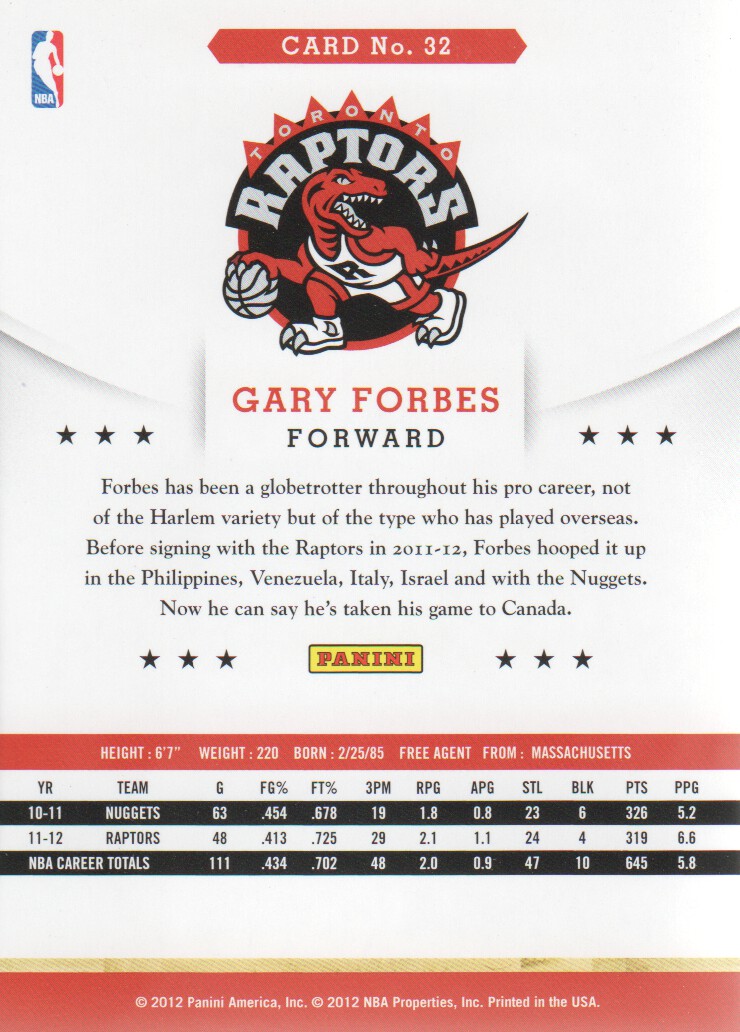 2012-13 Hoops #32 Gary Forbes back image