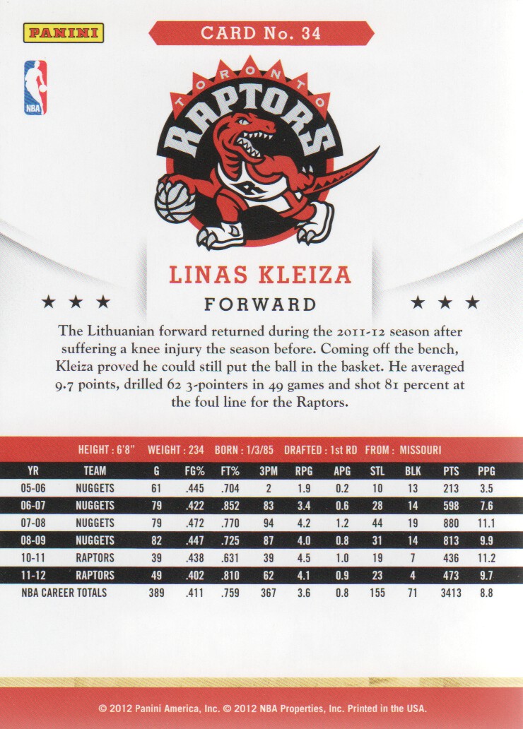 2012-13 Hoops #34 Linas Kleiza back image