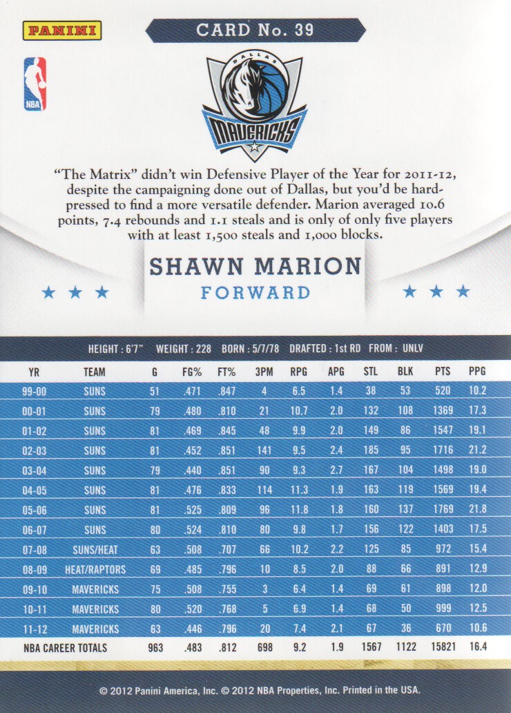 2012-13 Hoops #39 Shawn Marion back image