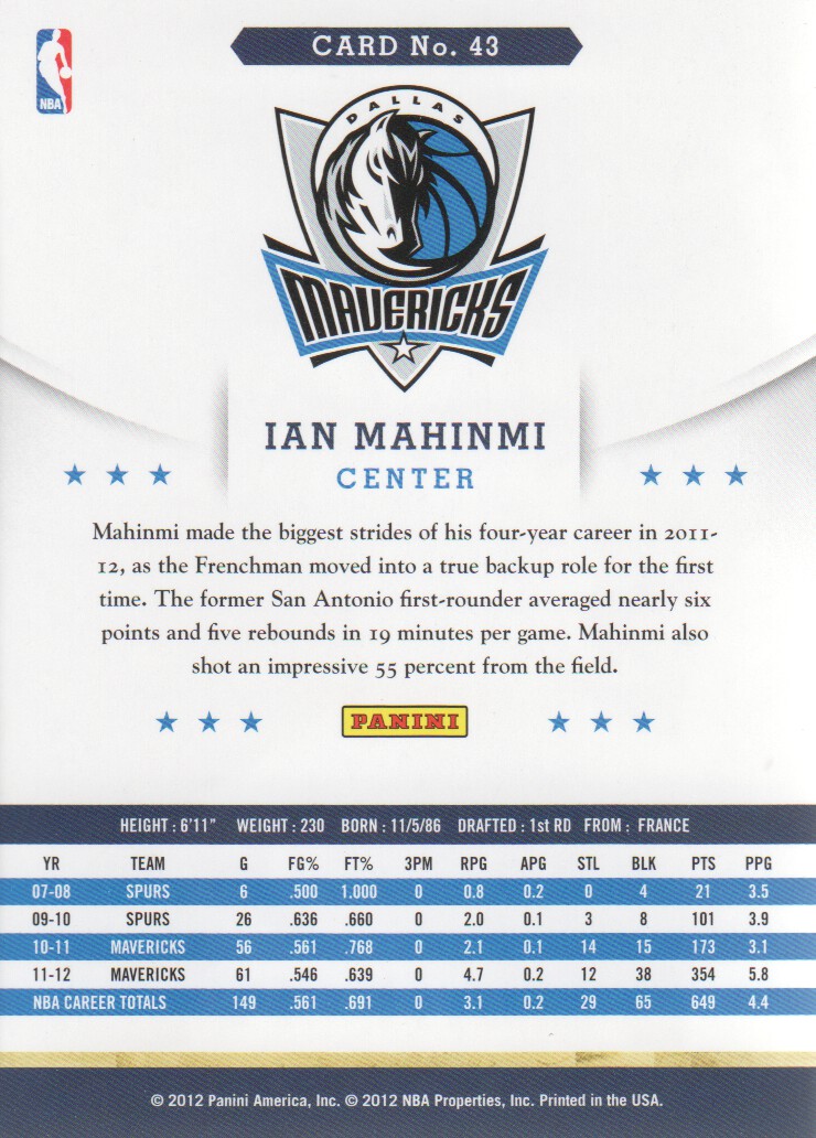 2012-13 Hoops #43 Ian Mahinmi back image