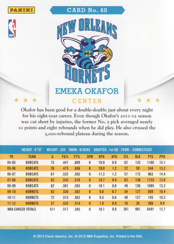 2012-13 Hoops #60 Emeka Okafor back image