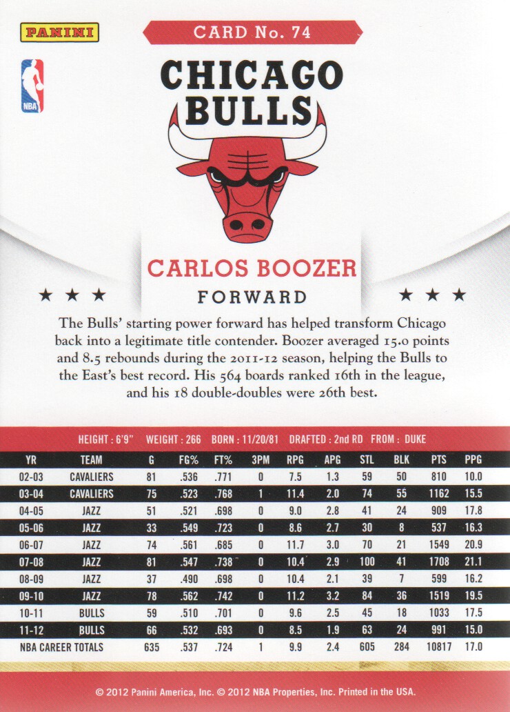 2012-13 Hoops #74 Carlos Boozer back image
