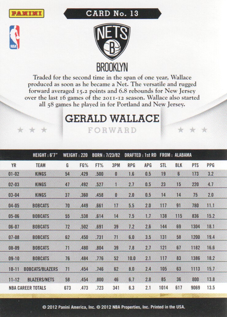 2012-13 Hoops Glossy #13 Gerald Wallace back image