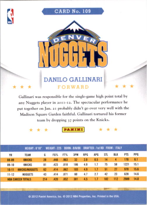 2012-13 Hoops Artist's Proofs #109 Danilo Gallinari back image