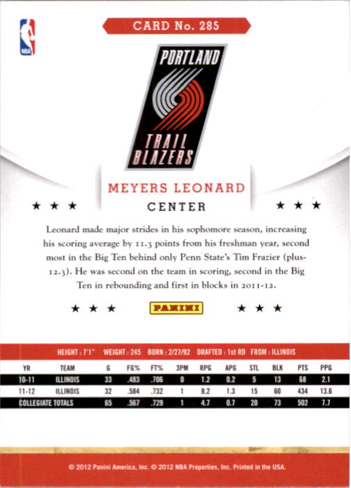 2012-13 Hoops Artist's Proofs #285 Meyers Leonard back image