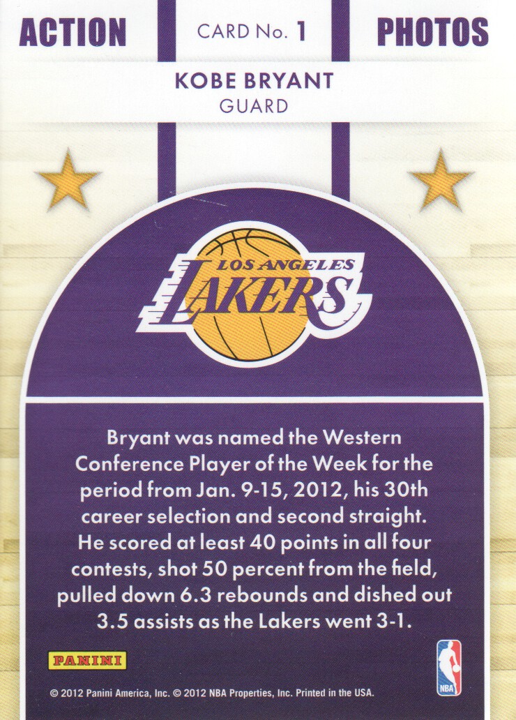 2012-13 Hoops Action Photos #1 Kobe Bryant back image