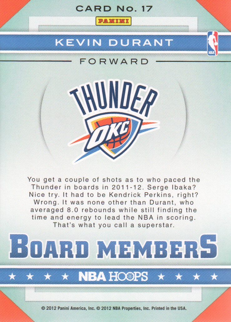 2012-13 Hoops Board Members #17 Kevin Durant back image