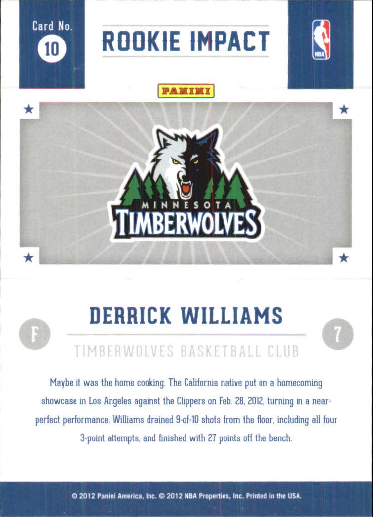 2012-13 Hoops Rookie Impact #10 Derrick Williams back image