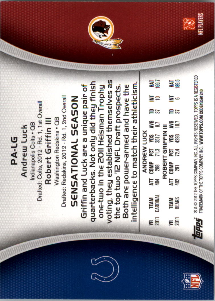 2012 Topps Paramount Pairs #PALG Andrew Luck/Robert Griffin III back image