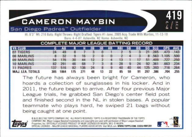2012 Topps Mini Silver #419 Cameron Maybin back image