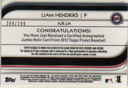 2012 Finest Rookie Jumbo Relic Autographs X-Fractors #LH Liam Hendriks back image