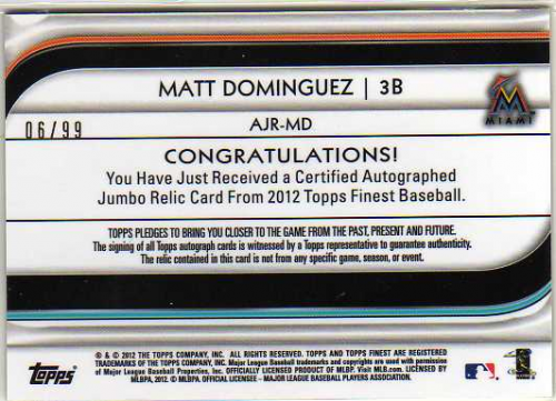 2012 Finest Rookie Jumbo Relic Autographs Orange Refractors #MD Matt Dominguez back image