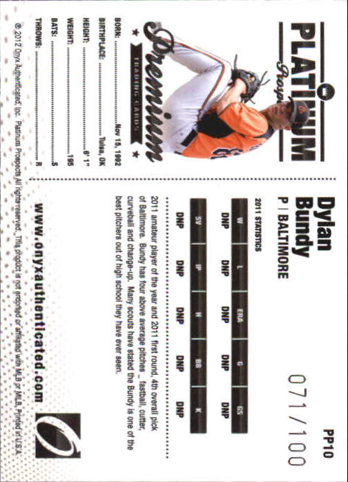 2012 Onyx Platinum Prospects Limited Edition Silver Series #PP10 Dylan Bundy back image