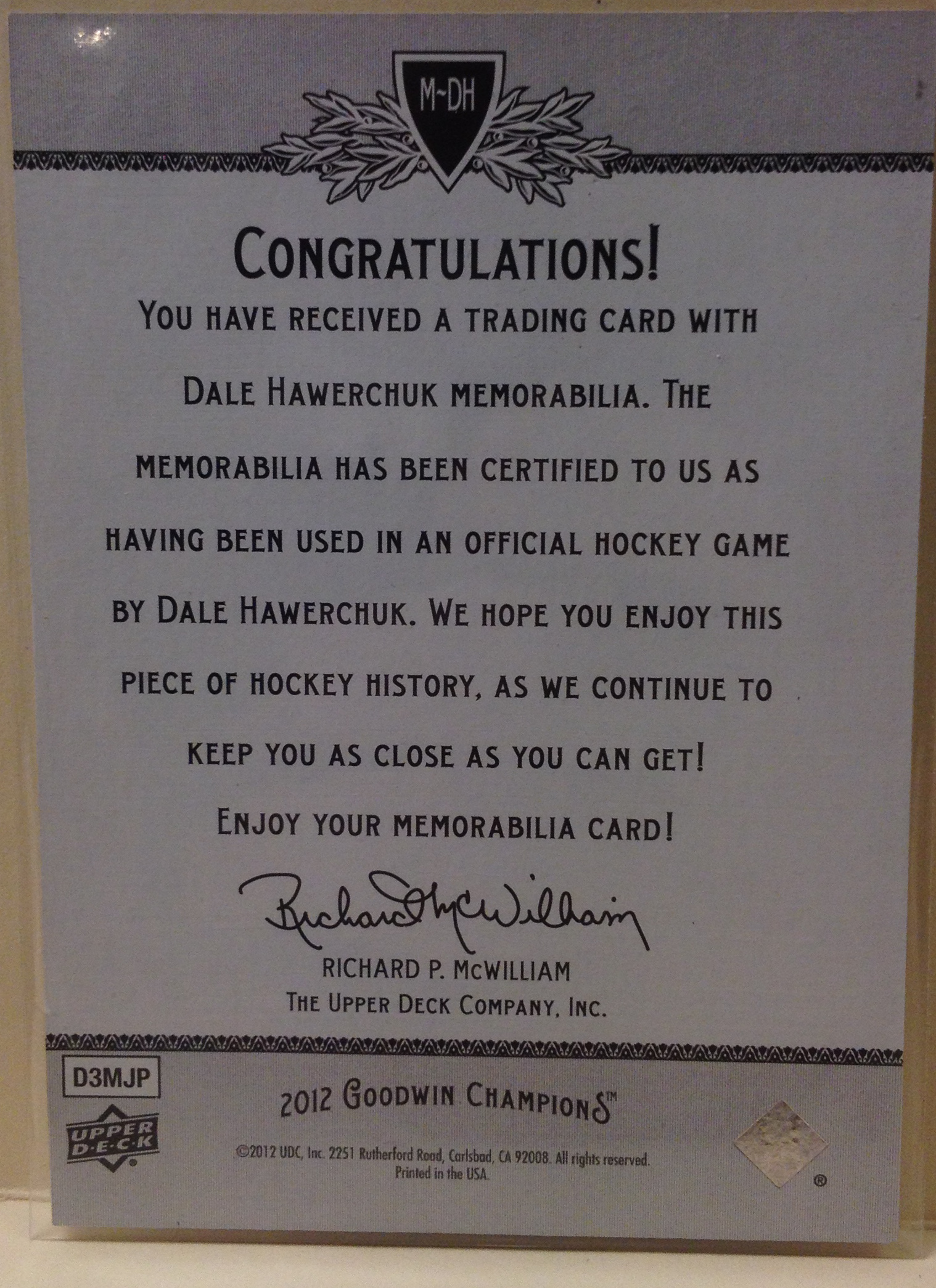 2012 Upper Deck Goodwin Champions Memorabilia #MDH Dale Hawerchuk F back image