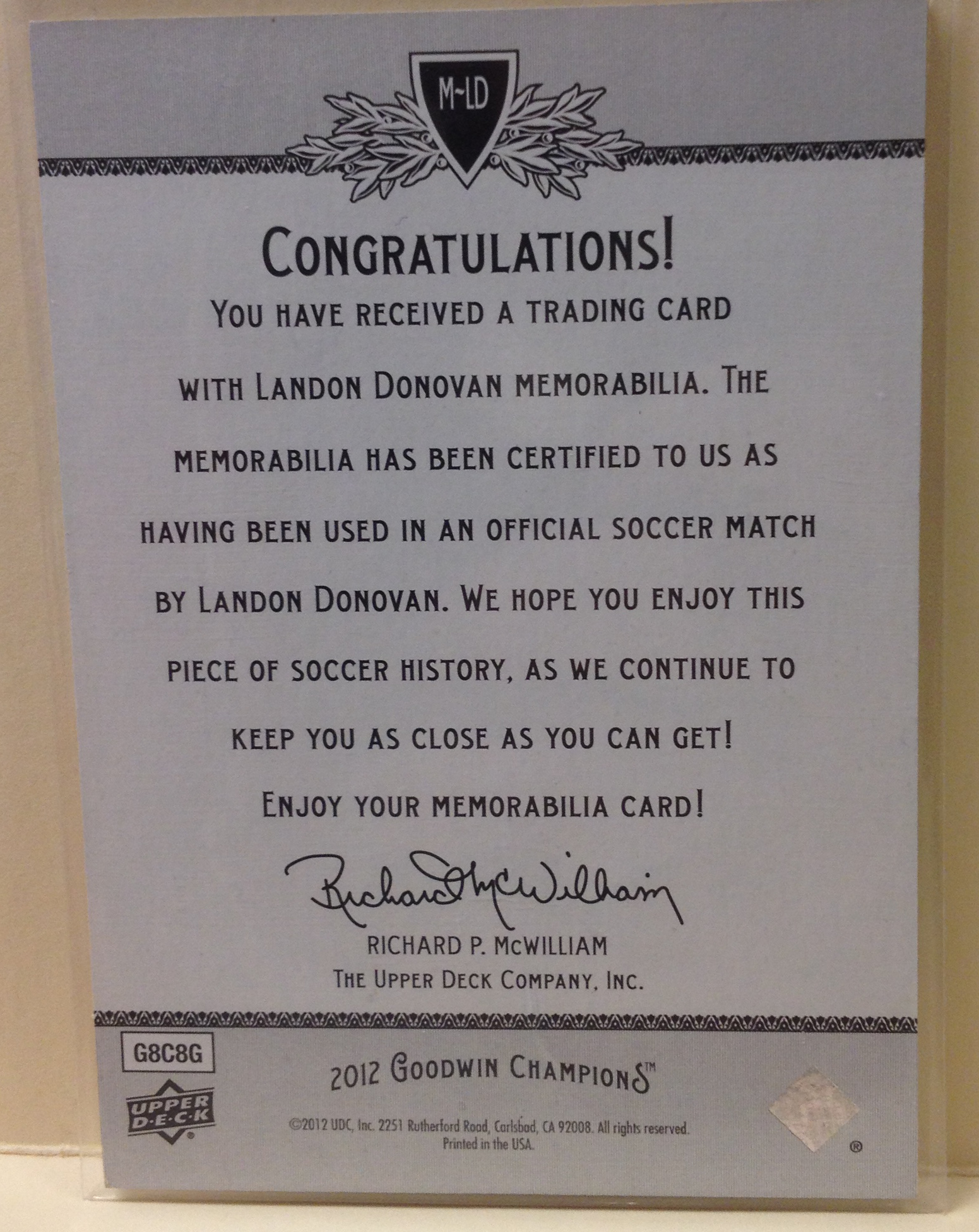 2012 Upper Deck Goodwin Champions Memorabilia #MLD Landon Donovan C back image