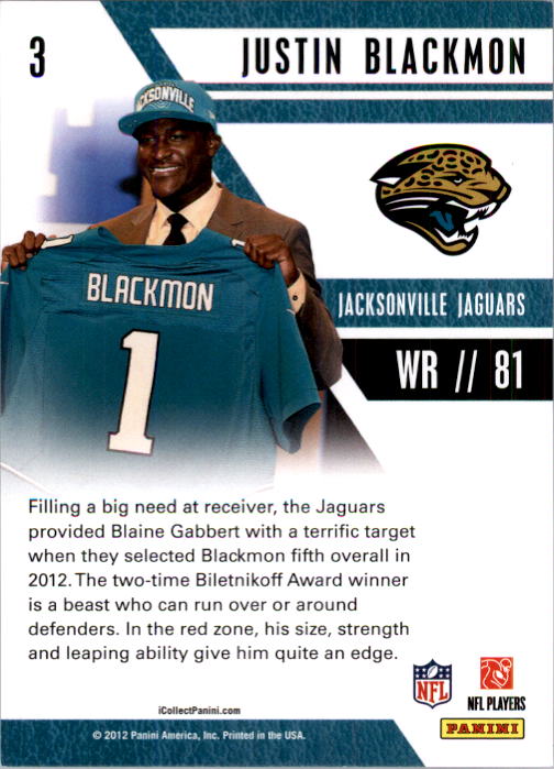 2012 Panini Player of the Day National Convention #3 Justin Blackmon back image
