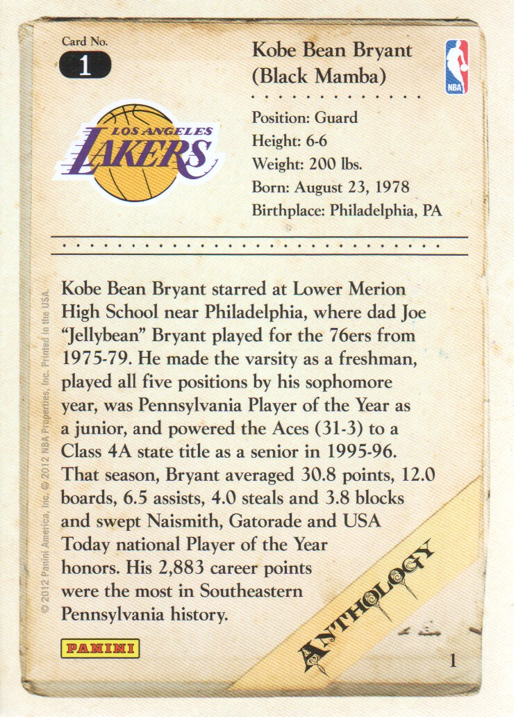2012-13 Panini Kobe Anthology #1 Kobe Bryant back image