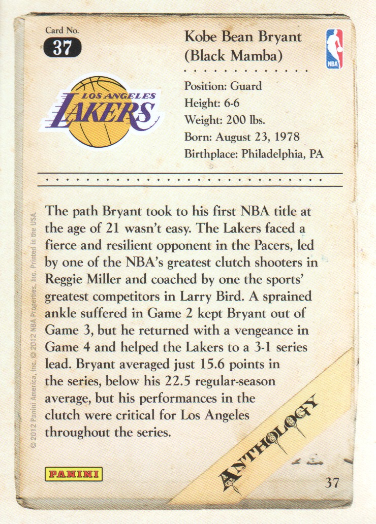 2012-13 Panini Kobe Anthology #37 Kobe Bryant back image