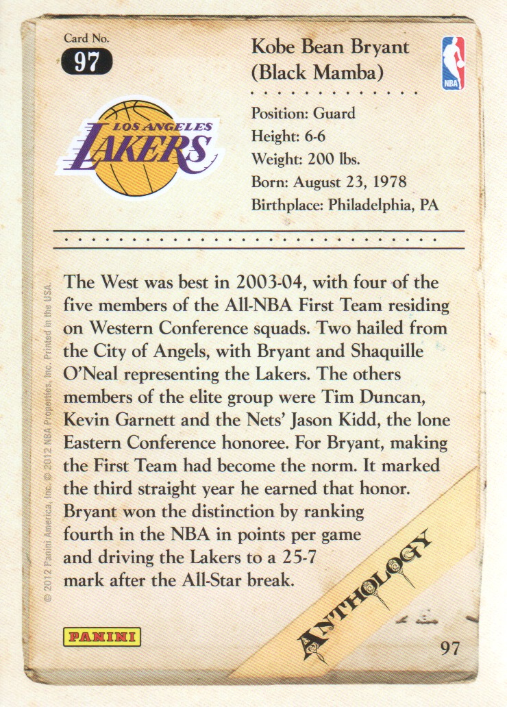 2012-13 Panini Kobe Anthology #97 Kobe Bryant back image
