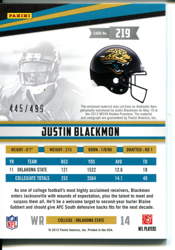2012 Rookies and Stars #219 Justin Blackmon JSY AU RC back image