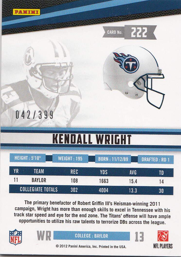 2012 Rookies and Stars True Blue #222 Kendall Wright JSY back image