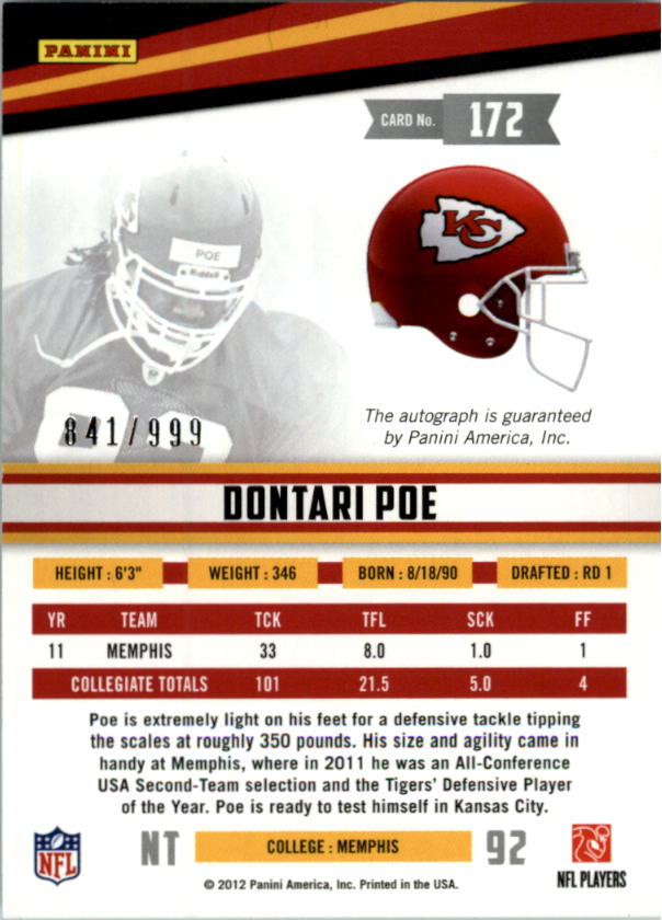 2012 Rookies and Stars Autographs #172 Dontari Poe/999 back image