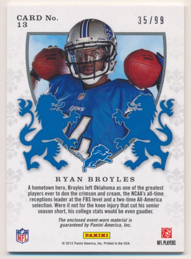 2012 Rookies and Stars Rookie Crusade Materials Green #13 Ryan Broyles back image