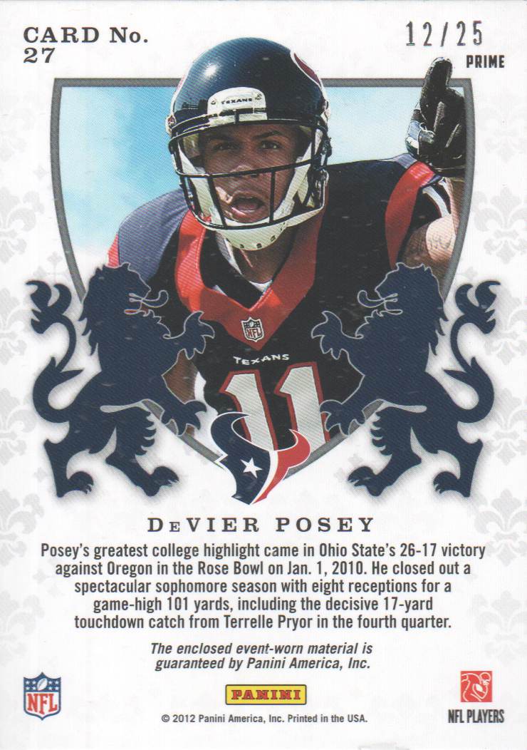 2012 Rookies and Stars Rookie Crusade Materials Prime Green #27 DeVier Posey back image