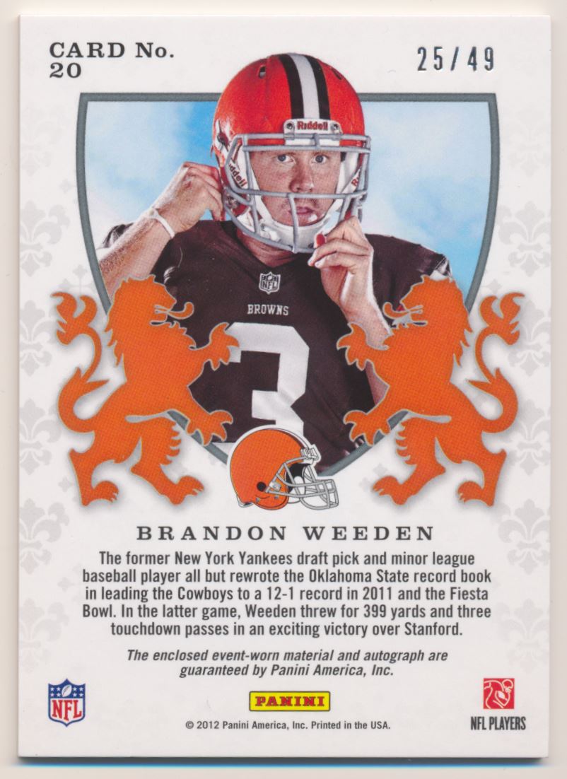 2012 Rookies and Stars Rookie Crusade Materials Autographs Red #20 Brandon Weeden back image