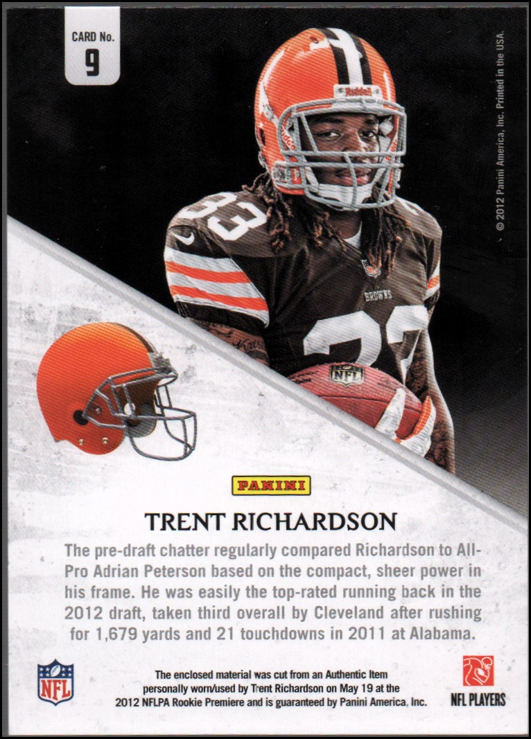 2012 Rookies and Stars Rookie Collection Jerseys #9 Trent Richardson back image