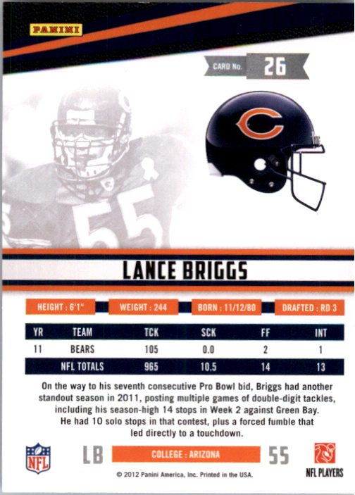 2012 Rookies and Stars Longevity #26 Lance Briggs back image