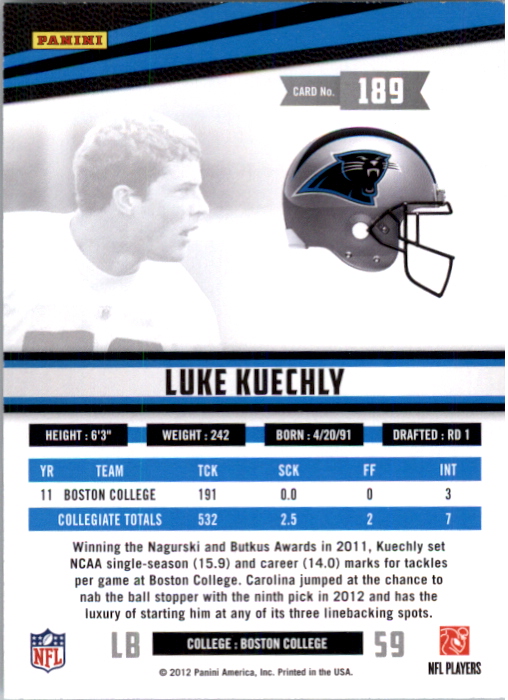 2012 Rookies and Stars Longevity #189 Luke Kuechly RC back image