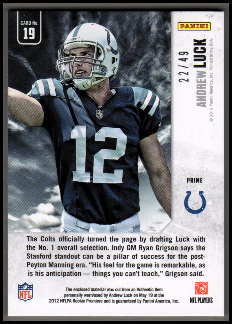 2012 Rookies and Stars Longevity Dress for Success Jerseys Prime #19 Andrew Luck back image