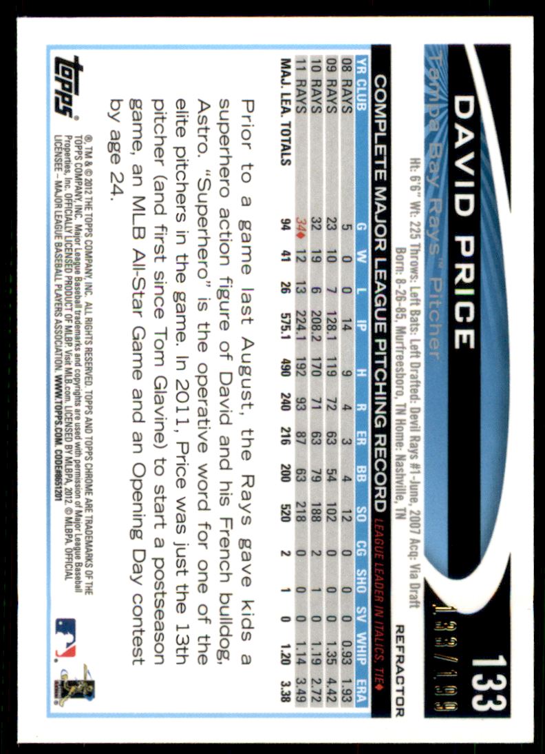 2012 Topps Chrome Blue Refractors #133 David Price back image