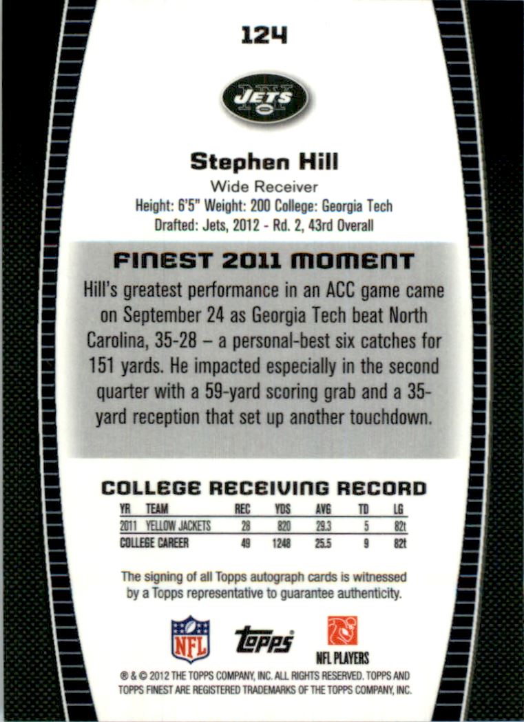 2012 Finest Rookie Autograph Refractors #124 Stephen Hill/20 back image