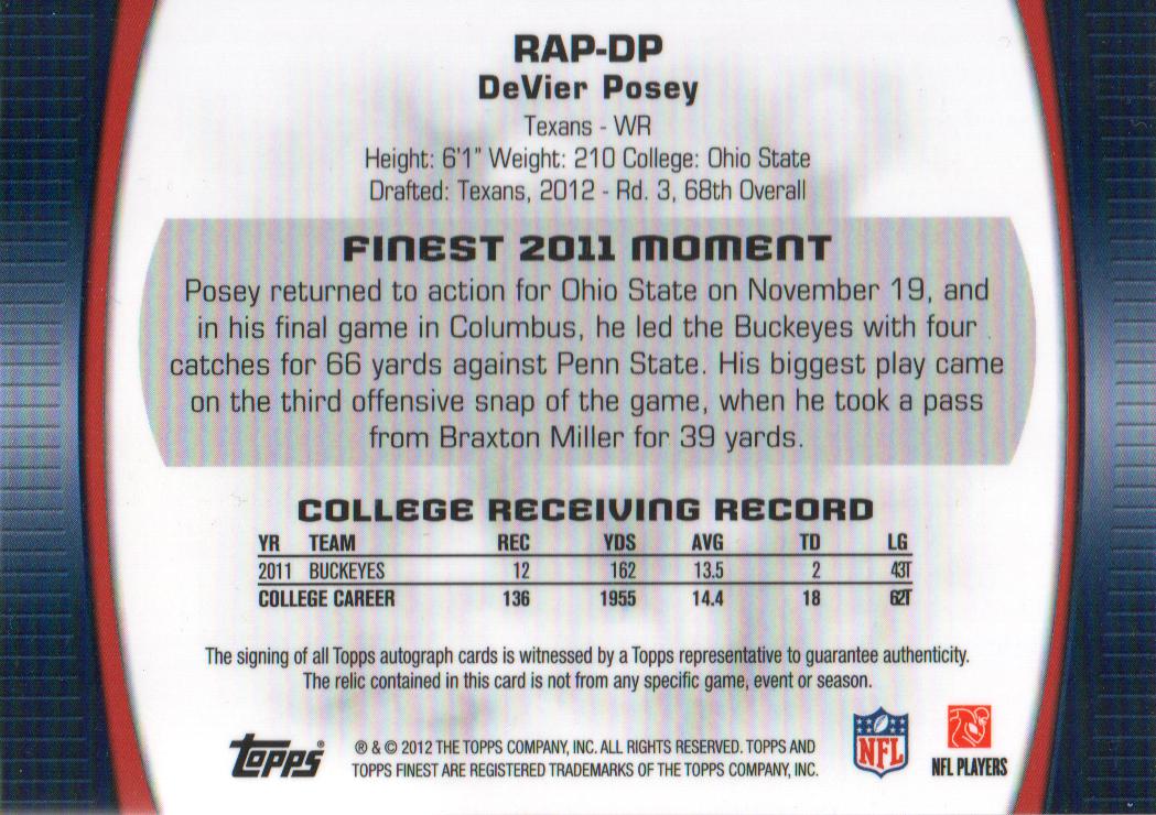2012 Finest Rookie Patch Autographs Refractors #RAPDP DeVier Posey/1353 back image