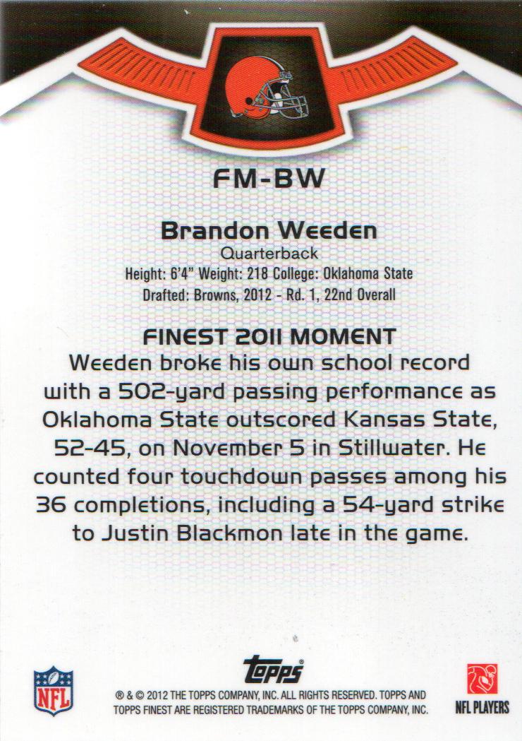2012 Finest Moments #FMBW Brandon Weeden back image