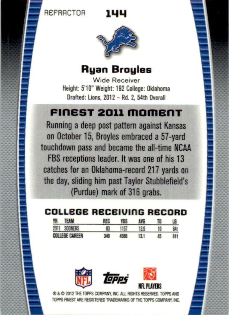 2012 Finest Blue Refractors #144 Ryan Broyles back image