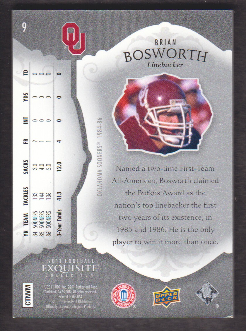 2011 Exquisite Collection #9 Brian Bosworth back image