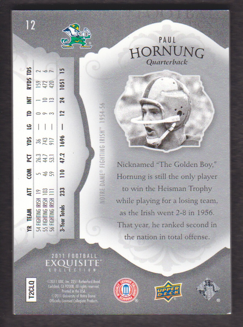 2011 Exquisite Collection #12 Paul Hornung back image