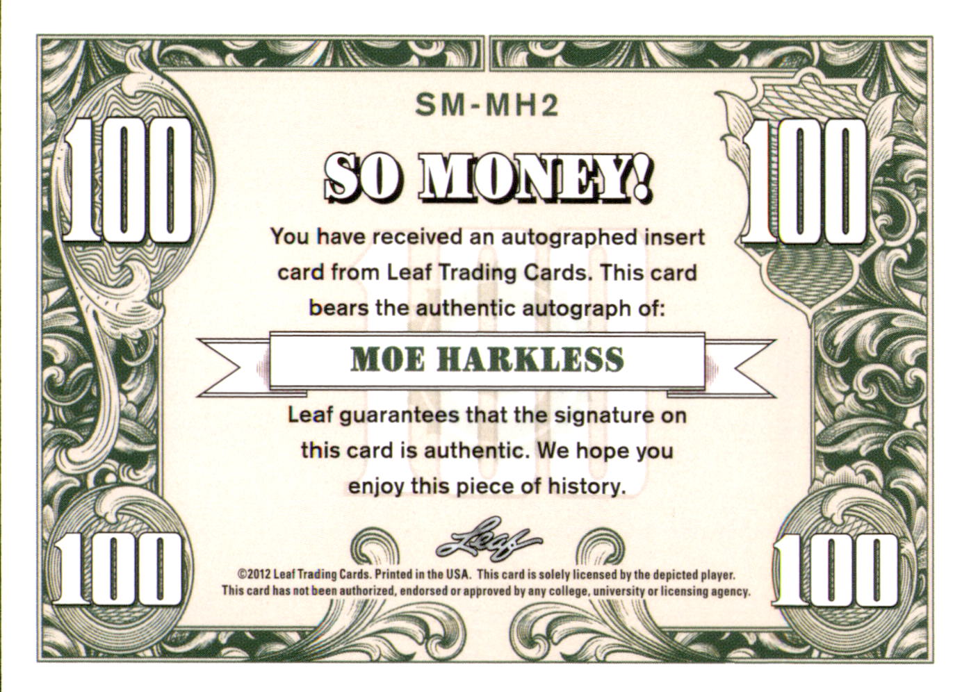 2012-13 Leaf Signature So Money! Silver #MH2 Moe Harkless/99 back image
