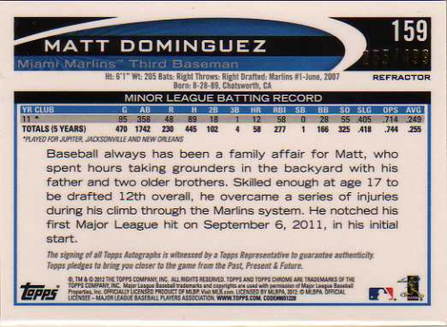 2012 Topps Chrome Rookie Autographs Refractors #159 Matt Dominguez back image