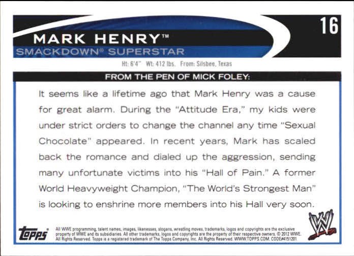 2012 Topps WWE Blue #16 Mark Henry back image