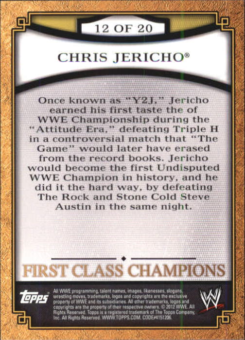 2012 Topps WWE First Class Champions #12 Chris Jericho back image