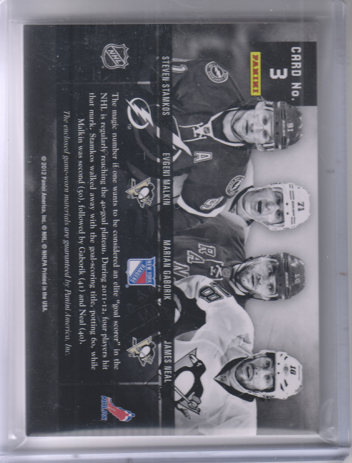 2011-12 Panini Prime Quads Jerseys Prime #3 Evgeni Malkin/James Neal/Marian Gaborik/Steven Stamkos back image