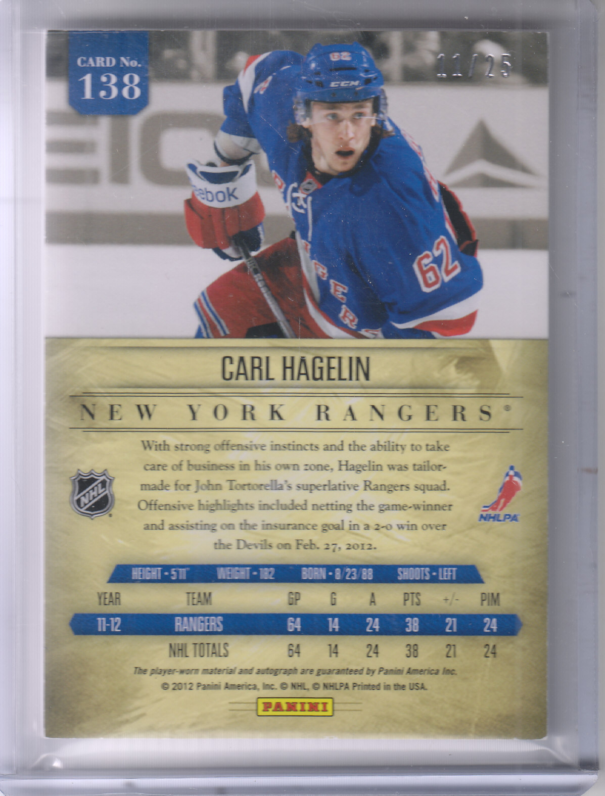 2011-12 Panini Prime Rookies Hologold Patch Autographs #138 Carl Hagelin back image
